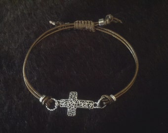 Antique Gold Leather Cross Bracelet with sliding knot closure