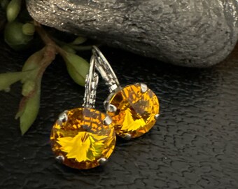 Rhodium Plated 12mm Gold Swarovski Crystal Leverback Earrings