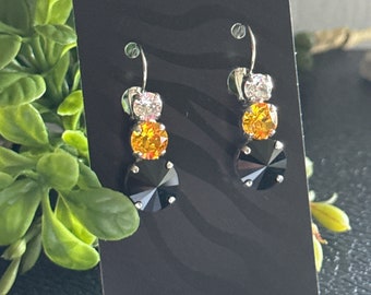 Rhodium Plated Clear, Black and Gold Swarovski Crystal Leverback Earrings