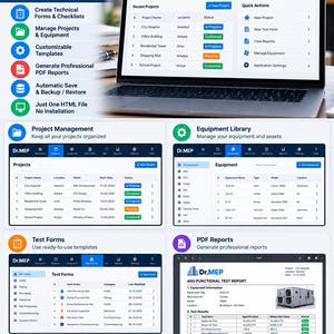 May include: A laptop displaying the Dr.MEP Technical Form Suite software interface, featuring dashboards for project management, equipment libraries, test forms, and PDF report generation for engineers and contractors.
