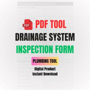 Könnte beinhalten: Ein digitales Formular zur Inspektion des Entwässerungssystems mit dem Text "PDF TOOL" in Rot, "DRAINAGE SYSTEM INSPECTION FORM" in Schwarz und Grün und "PLUMBING TOOL" in Gelb. Das Formular ist ein digitales Produkt zum sofortigen Download.