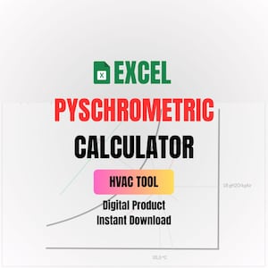 Puede incluir: Imagen de una calculadora psicrométrica basada en Excel con el texto "EXCEL PYSCHROMETRIC CALCULATOR." La imagen incluye el texto "HVAC TOOL," "Digital Product" e "Instant Download." También se muestra un gráfico y una temperatura de 35,0°C.