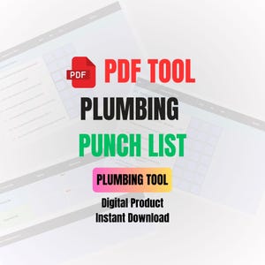 May include: A digital PDF tool for plumbing, featuring a punch list. The design includes the text "PDF TOOL," "PLUMBING," and "PUNCH LIST" in bold, colorful fonts. Additional text reads "PLUMBING TOOL," "Digital Product," and "Instant Download."