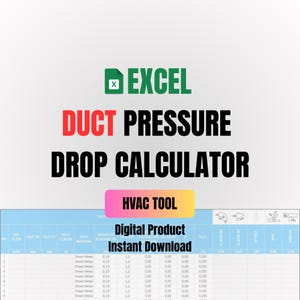 Può includere: Un foglio di calcolo blu e bianco con il testo "DUCT PRESSURE DROP CALCULATOR" in rosso e nero. Il foglio di calcolo è etichettato "HVAC TOOL" e "Digital Product Instant Download".