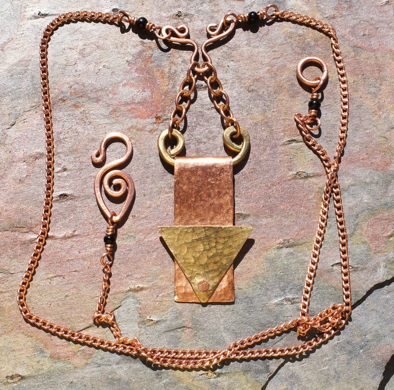 Brass Copper and Onyx Pendant Necklace Riveted With Hammered Etsy