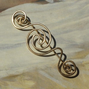 Brass Shawl Pin Sweater Clip Fibula Brooch with Celtic Spiral  also Scarf or Kilt Pin