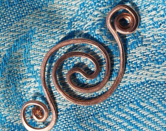 Copper Shawl Pin Fibula Brooch with Celtic Spiral  also Scarf or Kilt Pin