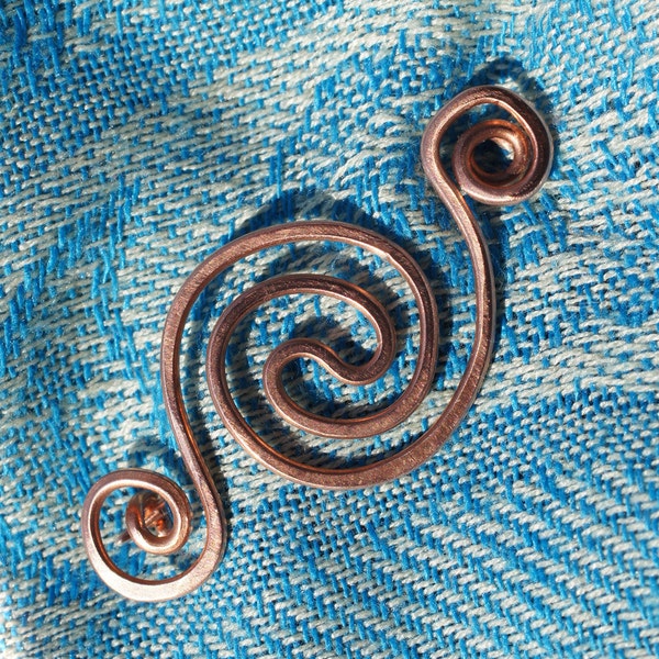 Copper Shawl Pin Fibula Brooch with Celtic Spiral  also Scarf or Kilt Pin