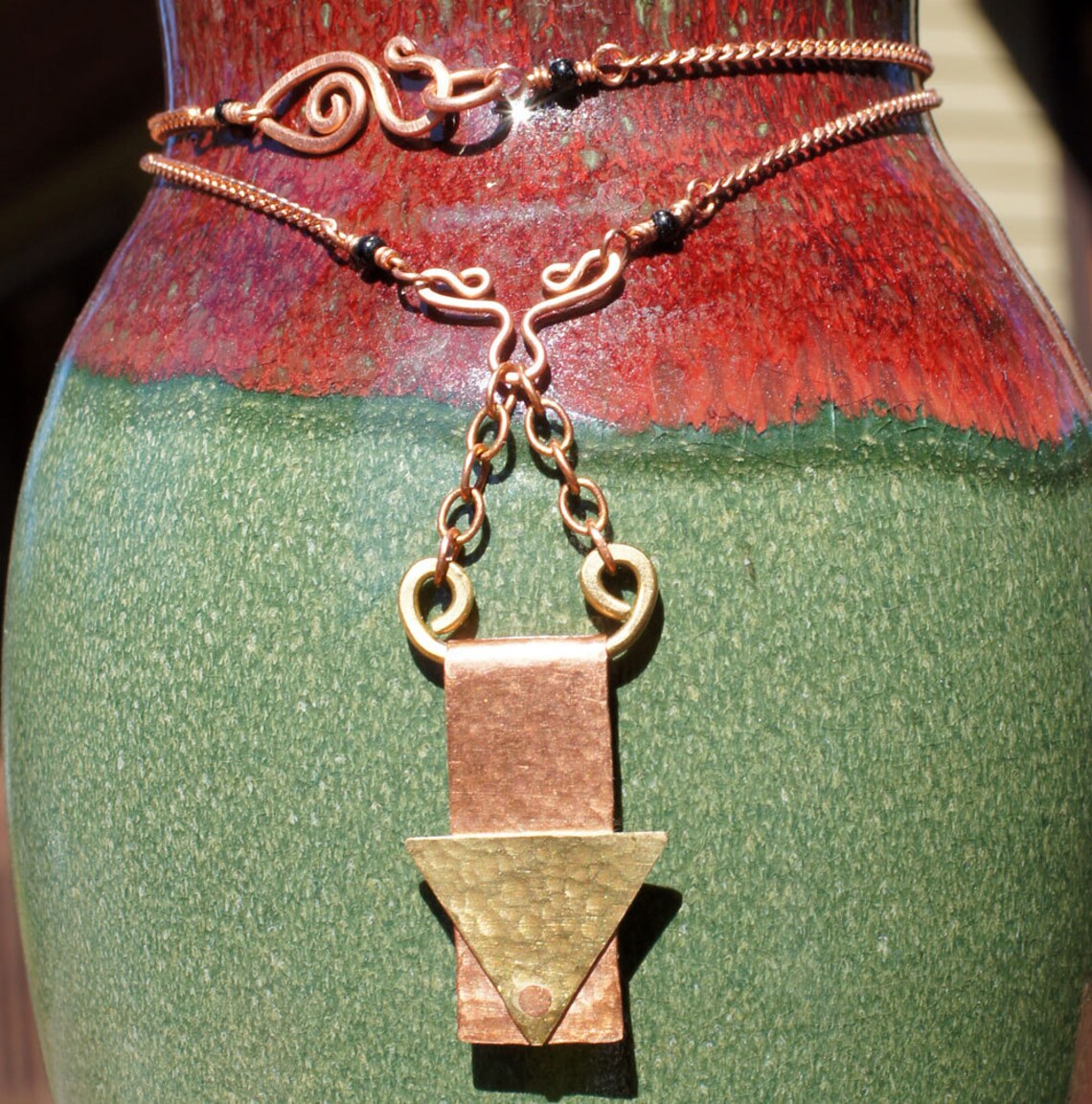 Brass Copper and Onyx Pendant Necklace Riveted With Hammered Etsy