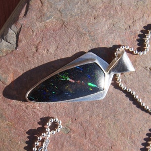 Australian Opal Gemstone Solid Black Matrix Boulder Opal Sterling Silver Pendant