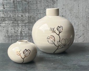 White Ceramic Vase with gold magnolia Drawing