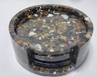 Natural Rock Coaster Set of 3 PLUS Holder – Handmade Stone Drink Coasters – Rustic Home Decor – Unique Gift for Nature Lovers