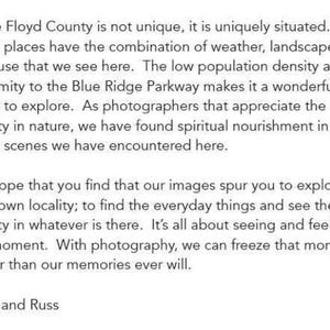 May include: Text on a white background. The text discusses the unique qualities of Floyd County, including its weather, landscape, and low population density. It encourages exploration and appreciating the beauty of nature through photography. Signed by Mark and Russ.