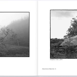 May include: Black and white photograph of two scenes. The left image shows a bare tree on a hillside with a small building in the distance, shrouded in fog. The right image depicts a rustic barn surrounded by trees.
