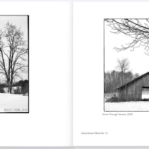 May include: Black and white photographs of rural scenes. One image shows a snow-covered barn with a leafless tree. The other image shows a barn with an open doorway, framed by bare tree branches. Both images are in square frames.