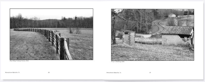 May include: Black and white photograph of a rural landscape featuring a wooden fence curving through a field. The image includes text at the bottom: "Miscellaneous Matters No. 16". The photograph captures a serene, natural scene with trees in the background.