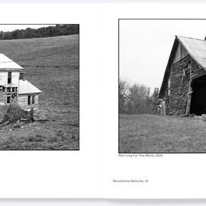 May include: Black and white photograph of two dilapidated rural buildings. The left image shows a two-story house with a stone chimney and a collapsed porch. The right image depicts a weathered barn with a sagging roof and missing siding.