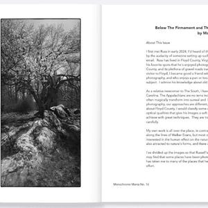 May include: Open book with the title "Monochrome Mania" and the text "Below The Firmament and the Heavens". The left page features a black and white landscape photograph of a tree-lined path.