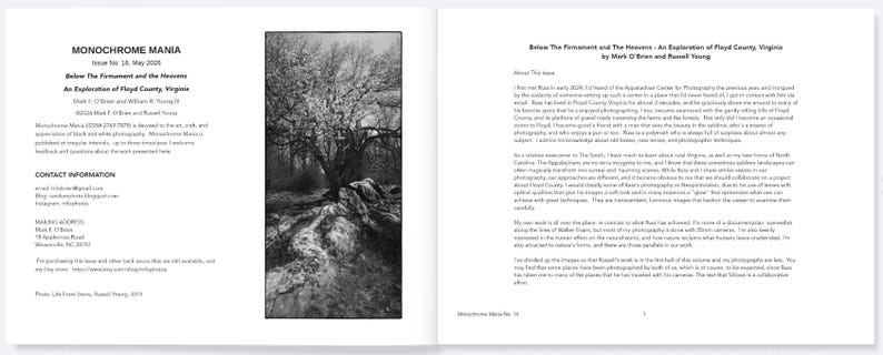 May include: Open book with the title "Monochrome Mania" and the text "Below The Firmament and the Heavens". The left page features a black and white landscape photograph of a tree-lined path.