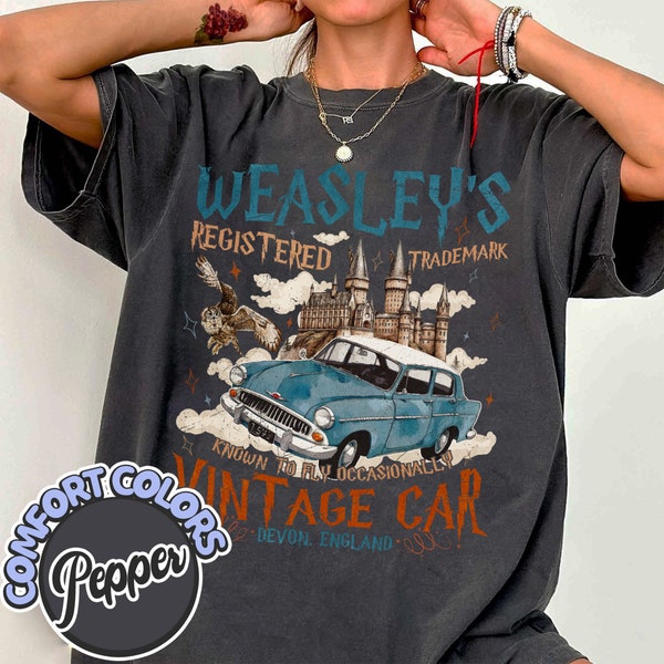 Camiseta con colores cómodos del coche volador del mago Weasley, camiseta vintage de libros