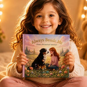 May include: A young girl smiles while holding a book titled "Always Beside Me." The book cover features an illustration of a girl and a dog in a field of flowers. The background includes a house and trees. The girl is wearing a cream-colored sweater and pink pants.