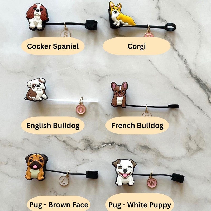 Small Dog Breed Straw Topper with Personalized Initial Charm, STumbler Straw Accessory, Stocking Stuffer Gift for Dog Lover