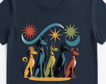 Retro mid Century Modern Atomic Starburst-T-shirt, vintage grafisch, uniseks cadeau voor hondenliefhebbers