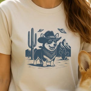 T-shirt unisexe corgi cowboy | Chemise graphique drôle de chien OVNI occidental