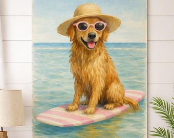 Golden Retriever Surfing Art Print – Coastal Beach Dog Cottage Decor