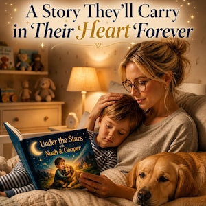 May include: A mother and child are reading a book together, titled "Under the Stars with Noah & Cooper." The book cover shows a boy and a dog under a starry sky. A golden retriever lies close by. The text "A Story They'll Carry in Their Heart Forever" is displayed above.