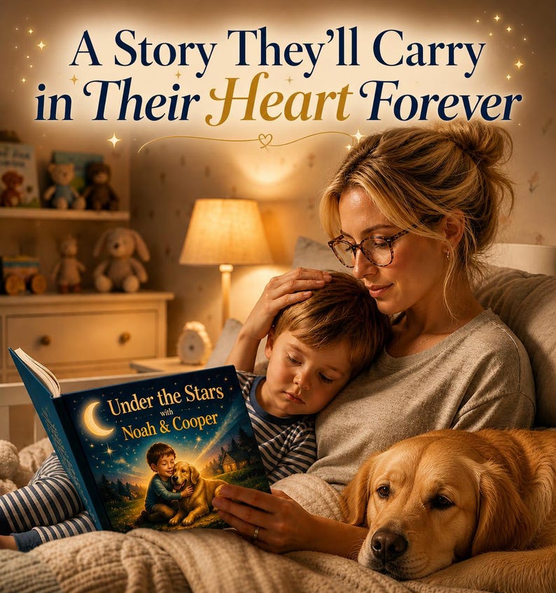 May include: A mother and child are reading a book together, titled "Under the Stars with Noah & Cooper." The book cover shows a boy and a dog under a starry sky. A golden retriever lies close by. The text "A Story They'll Carry in Their Heart Forever" is displayed above.