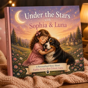 Peut inclure: Un livre personnalis&eacute; pour enfants intitul&eacute; "Under the Stars with Sophia & Luna". La couverture pr&eacute;sente une fille &eacute;treignant un chien, avec un croissant de lune et des &eacute;toiles. Le livre est rose et de style illustr&eacute;.