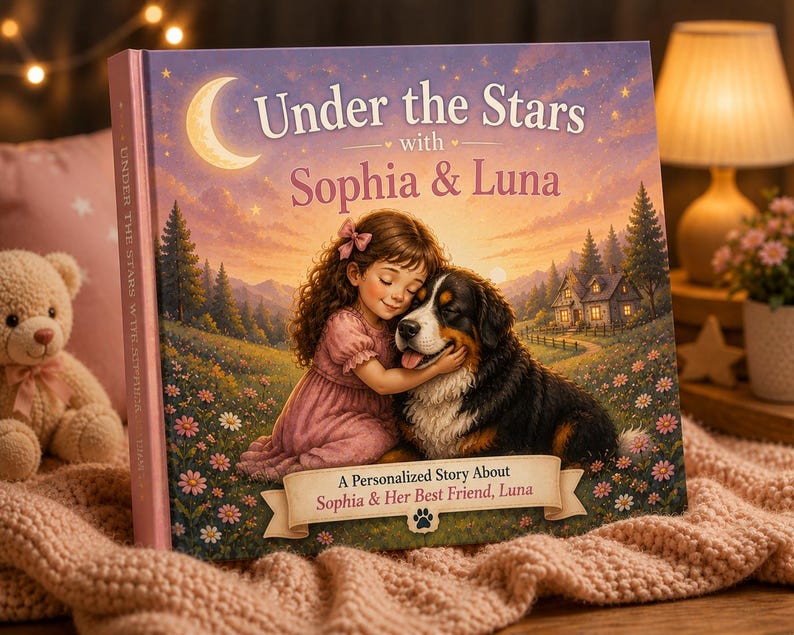 Peut inclure: Un livre personnalis&eacute; pour enfants intitul&eacute; "Under the Stars with Sophia & Luna". La couverture pr&eacute;sente une fille &eacute;treignant un chien, avec un croissant de lune et des &eacute;toiles. Le livre est rose et de style illustr&eacute;.