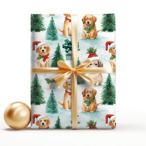 Wrapping Paper Christmas Gift Wrap with Golden Retrievers in Santa Hats, Holiday Dog Lover Present Wrap