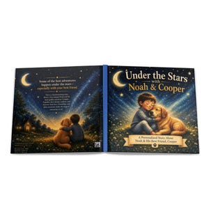 May include: An open children's book, "Under the Stars with Noah & Cooper", displays vibrant illustrations. The cover depicts a boy embracing a golden retriever beneath a starry night. The book's theme is friendship and adventure.