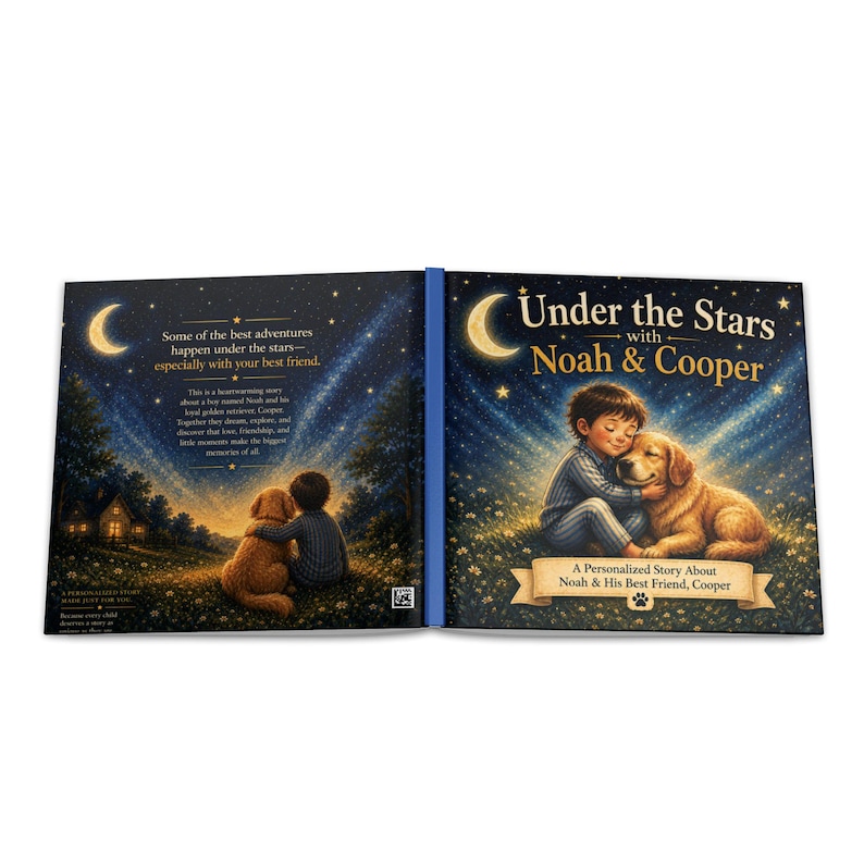 May include: An open children's book, "Under the Stars with Noah & Cooper", displays vibrant illustrations. The cover depicts a boy embracing a golden retriever beneath a starry night. The book's theme is friendship and adventure.