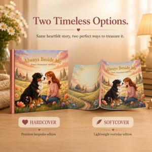 Peut inclure: Pr&eacute;sentation de deux versions du livre &laquo; Always Beside Me &raquo; : couverture rigide et souple. L'illustration de la couverture montre une fille et un chien. Le texte dit : &laquo; Two Timeless Options. Same heartfelt story, two perfect ways to treasure it. &raquo;