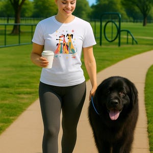 Op de afbeelding: Een vrouw wandelt met een grote zwarte hond op een verhard pad in een park. Ze draagt een wit t-shirt met een kleurrijke hondenafbeelding en zwarte leggings. Ze draagt een witte koffiebeker. De hond heeft een blauwe halsband.