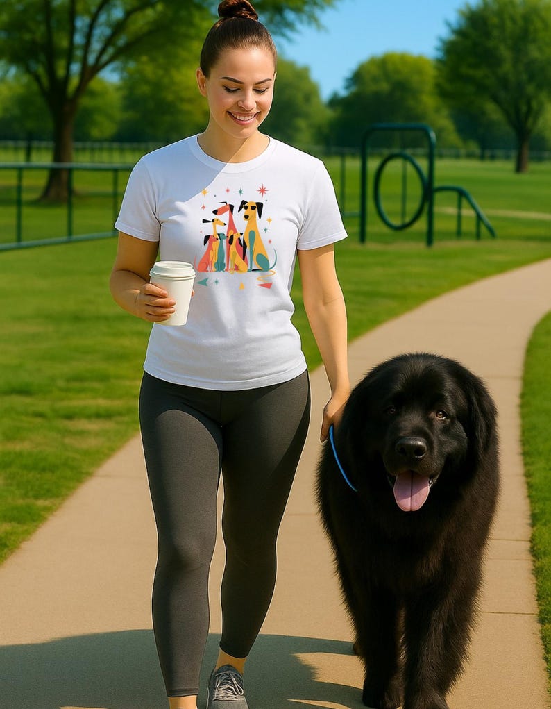 Op de afbeelding: Een vrouw wandelt met een grote zwarte hond op een verhard pad in een park. Ze draagt een wit t-shirt met een kleurrijke hondenafbeelding en zwarte leggings. Ze draagt een witte koffiebeker. De hond heeft een blauwe halsband.