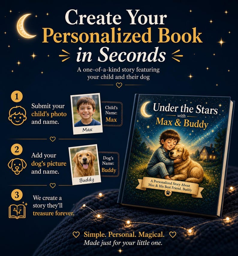 May include: An advert for a personalised children's book. The cover shows a boy and a dog under a starry sky. The text reads "Create Your Personalized Book in Seconds" and "Under the Stars with Max & Buddy."