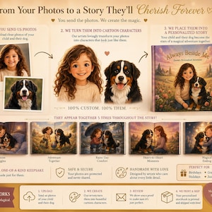 Peut inclure: Un livre d'histoires personnalis&eacute; pour enfants avec une fille et son chien. La couverture indique "Always Beside Me". Le livre pr&eacute;sente des illustrations de l'enfant et du chien dans diverses sc&egrave;nes. Le texte sur l'image dit "From Your Photos to a Story They'll Cherish Forever."