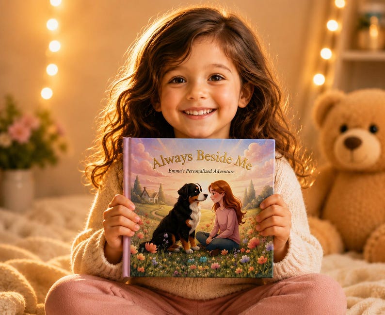 May include: A young girl smiles while holding a book titled "Always Beside Me." The book cover features an illustration of a girl and a dog in a field of flowers. The background includes a house and trees. The girl is wearing a cream-colored sweater and pink pants.