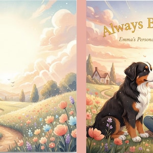 Peut inclure: Couverture de livre pour enfants avec une illustration &agrave; l'aquarelle. Le titre "Always Beside Me" est au-dessus du texte "Emma's Personalized Adventure". Une fille et un chien sont dans un champ de fleurs, avec une maison et un chemin sinueux en arri&egrave;re-plan.