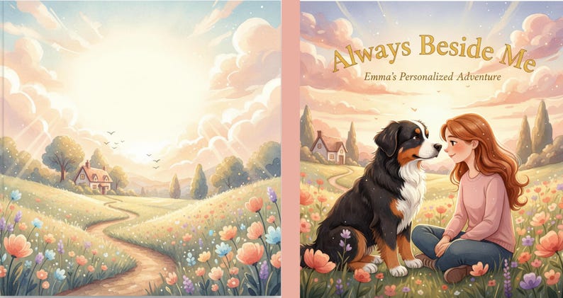 Peut inclure: Couverture de livre pour enfants avec une illustration &agrave; l'aquarelle. Le titre "Always Beside Me" est au-dessus du texte "Emma's Personalized Adventure". Une fille et un chien sont dans un champ de fleurs, avec une maison et un chemin sinueux en arri&egrave;re-plan.