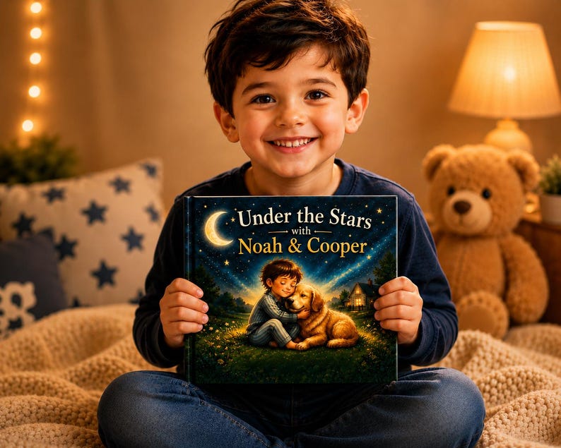 May include: A young child smiles while holding a book titled "Under the Stars with Noah & Cooper." The book cover features an illustration of a child and a dog under a starry night sky. The child is wearing a dark blue long-sleeved shirt and blue jeans.