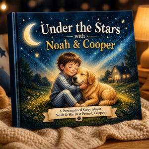 May include: A children's book titled "Under the Stars with Noah & Cooper." The cover shows a boy hugging a golden retriever under a starry night sky with a crescent moon. The book is a personalized story about Noah and his best friend, Cooper.