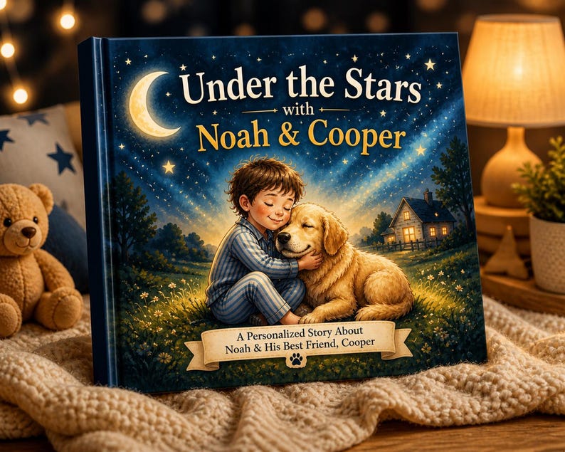 May include: A children's book titled "Under the Stars with Noah & Cooper." The cover shows a boy hugging a golden retriever under a starry night sky with a crescent moon. The book is a personalized story about Noah and his best friend, Cooper.