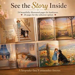 Peut inclure: Un livre pour enfants avec des illustrations. Le titre est "See the Story Inside". Les illustrations montrent un enfant et un chien dans diverses sc&egrave;nes, dont un escalier, une balan&ccedil;oire, une chambre et un champ de fleurs. Le texte comprend "A keepsake they'll remember forever."