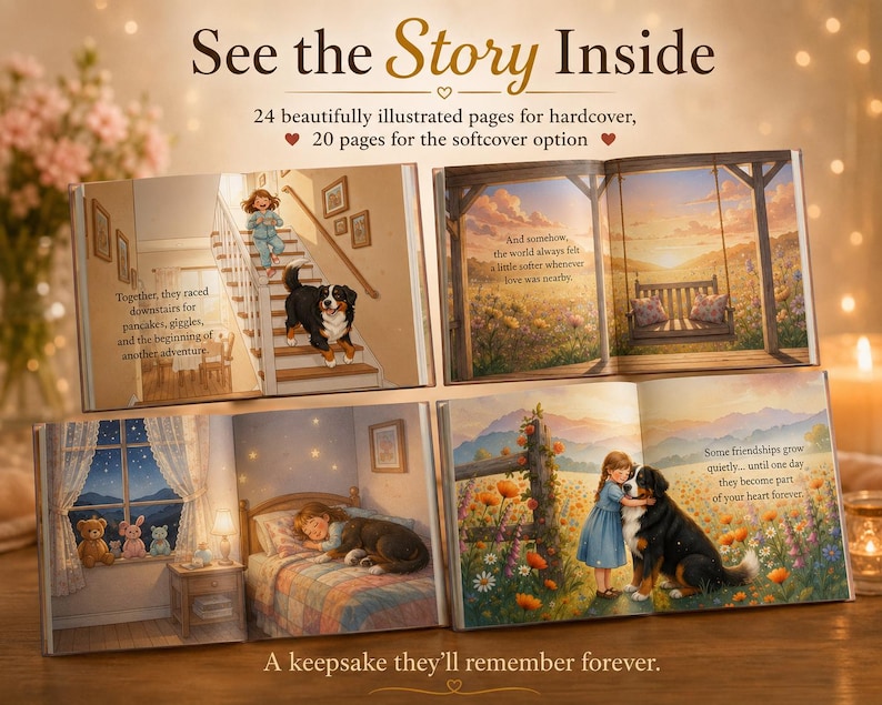 Peut inclure: Un livre pour enfants avec des illustrations. Le titre est "See the Story Inside". Les illustrations montrent un enfant et un chien dans diverses sc&egrave;nes, dont un escalier, une balan&ccedil;oire, une chambre et un champ de fleurs. Le texte comprend "A keepsake they'll remember forever."