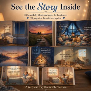 May include: An open book with illustrated pages, depicting scenes of a bedroom, a sunset, and a child with a dog. The text reads "See the Story Inside" and "A keepsake they'll remember forever."